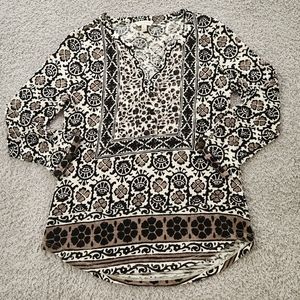 Lucky Brand Black, White and Tan Boho Print Three Quarter Sleeve V-Neck Blouse